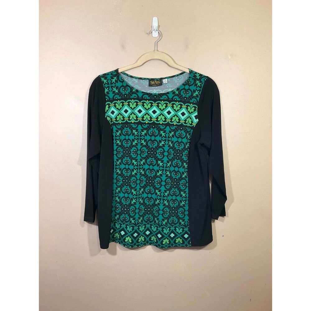 Bob Mackie Wearable Art Womens Geometric Print Shirt 1X Green Boho Slinky NWT